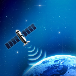 Satellite orbiting Earth, transmitting signals in a space technology and aerospace exploration program for students.