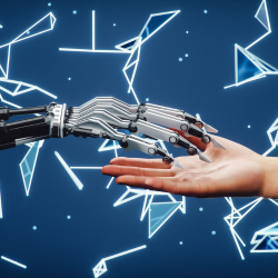 Robotic hand and human hand connecting, teaching kids about robotics and human-robot collaboration in STEM learning programs.
